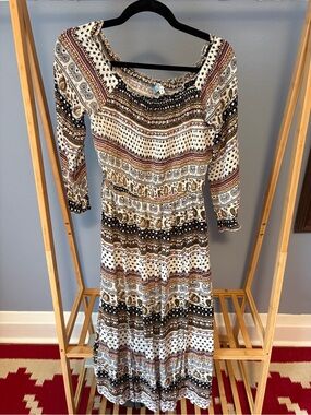 J Gee Boho-Print Long Sleeve Midi Dress